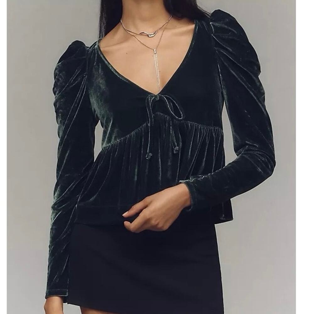 NWT Anthropologie Maeve S Emerald Green Babydoll Puff Sleeve Stretch Velvet Top
